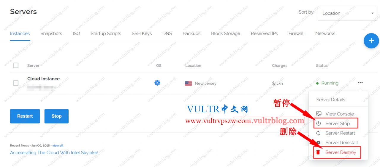 Vultr删除VPS和暂停VPS的区别以及操作过程