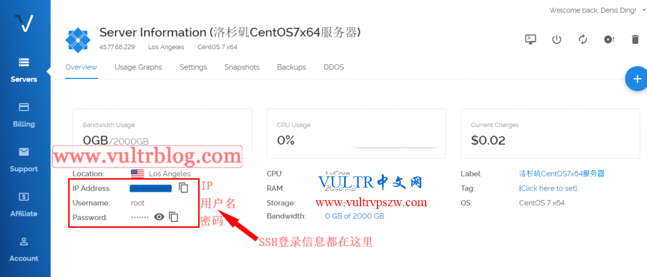 Linux下SSH登录-怎么查看Vultr的SSH用户名、root密码、端口号等信息